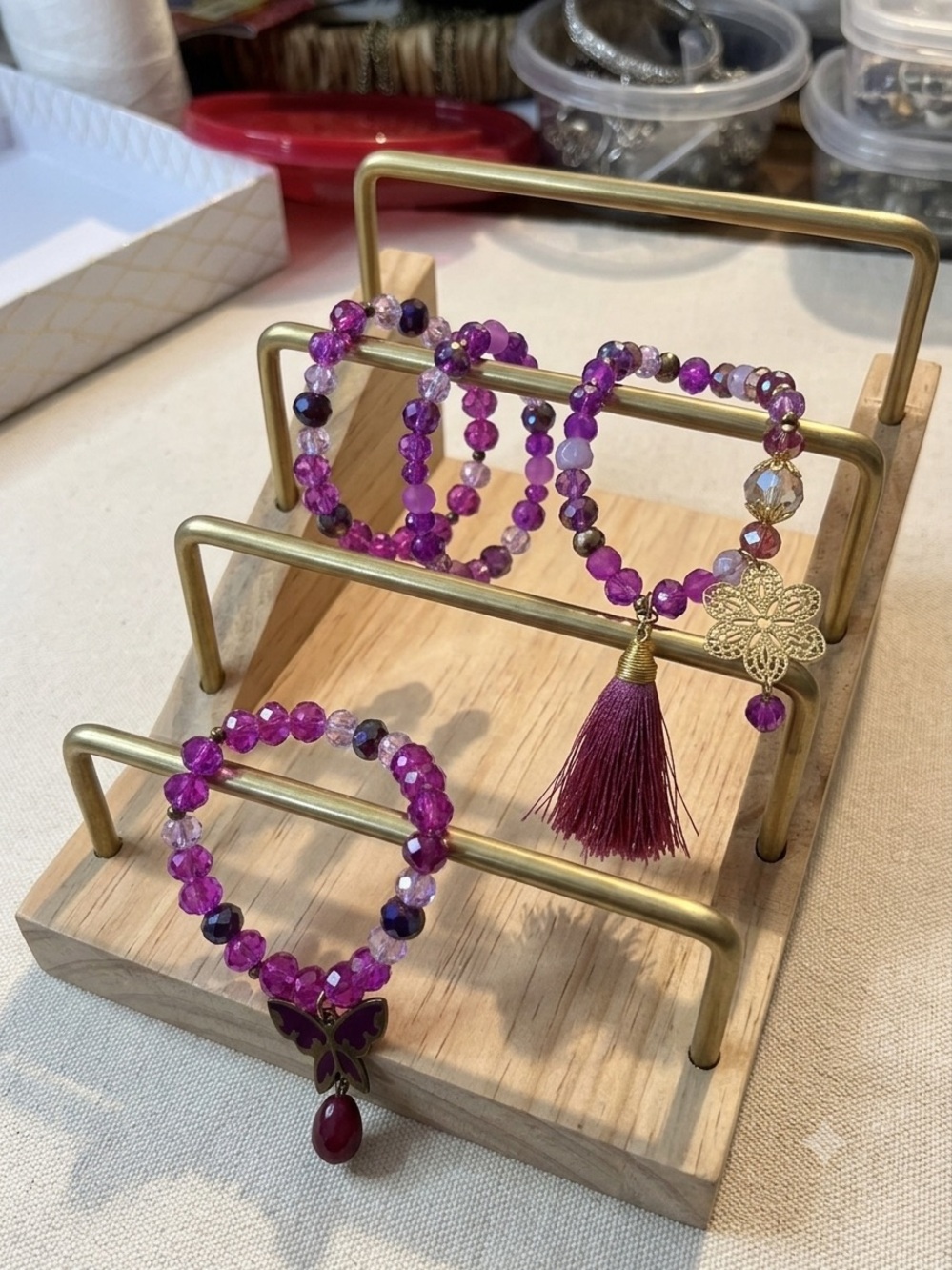 Purple Beaded Tassel Bracelet Set for Women